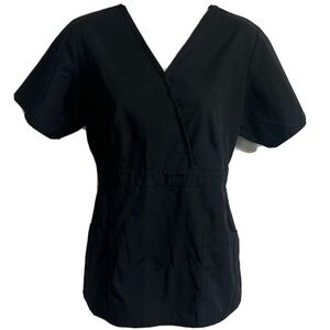 Dickies womens faux wrap v neck black scrub top pockets stretch short sleeve s